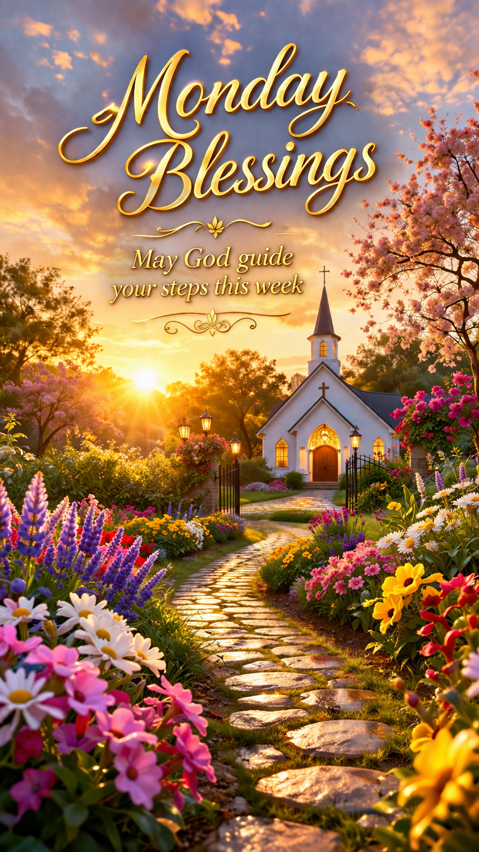 Blooming flower garden path with church and morning light, "Monday Blessings — May God guide your steps this week" in gold — WhatsApp vertical format